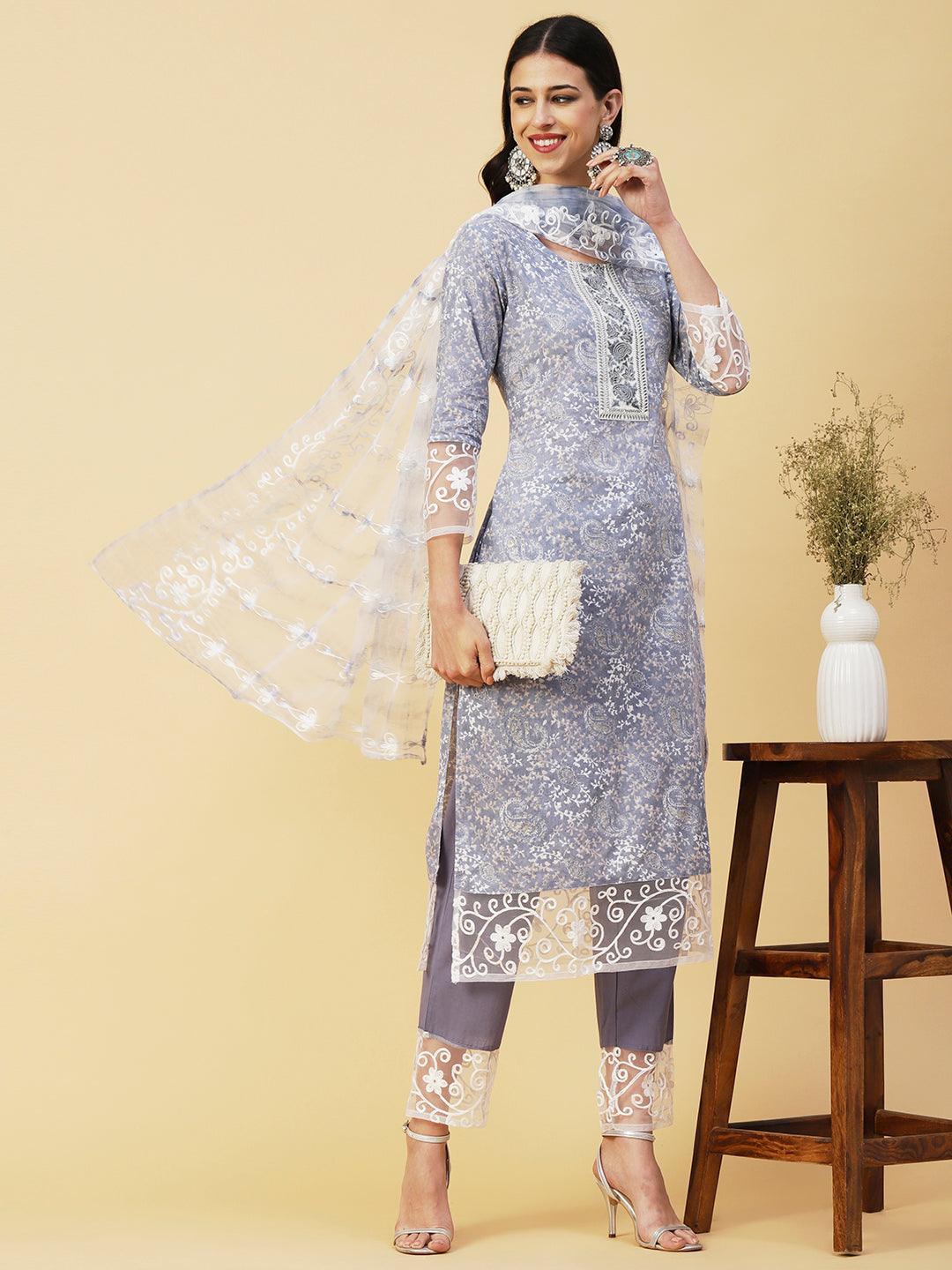 Ethnic Paisley Printed Straight Kurta with Pant & Embroidered Dupatta - Powder Blue - Indiakreations