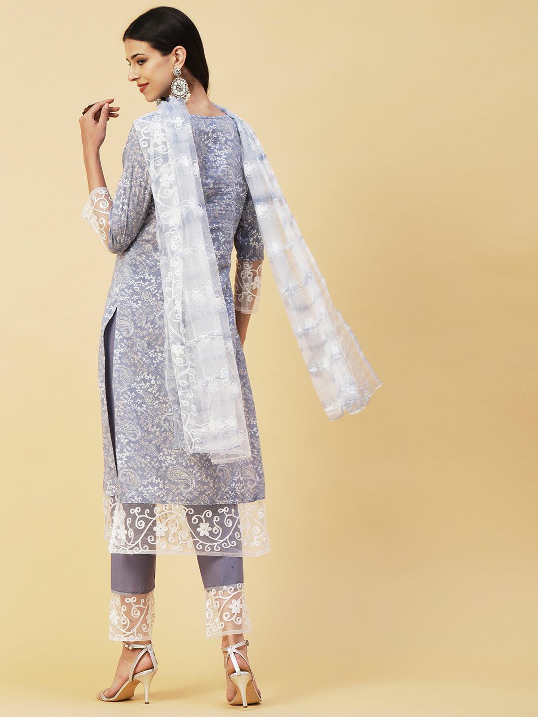 Ethnic Paisley Printed Straight Kurta with Pant & Embroidered Dupatta - Powder Blue - Indiakreations