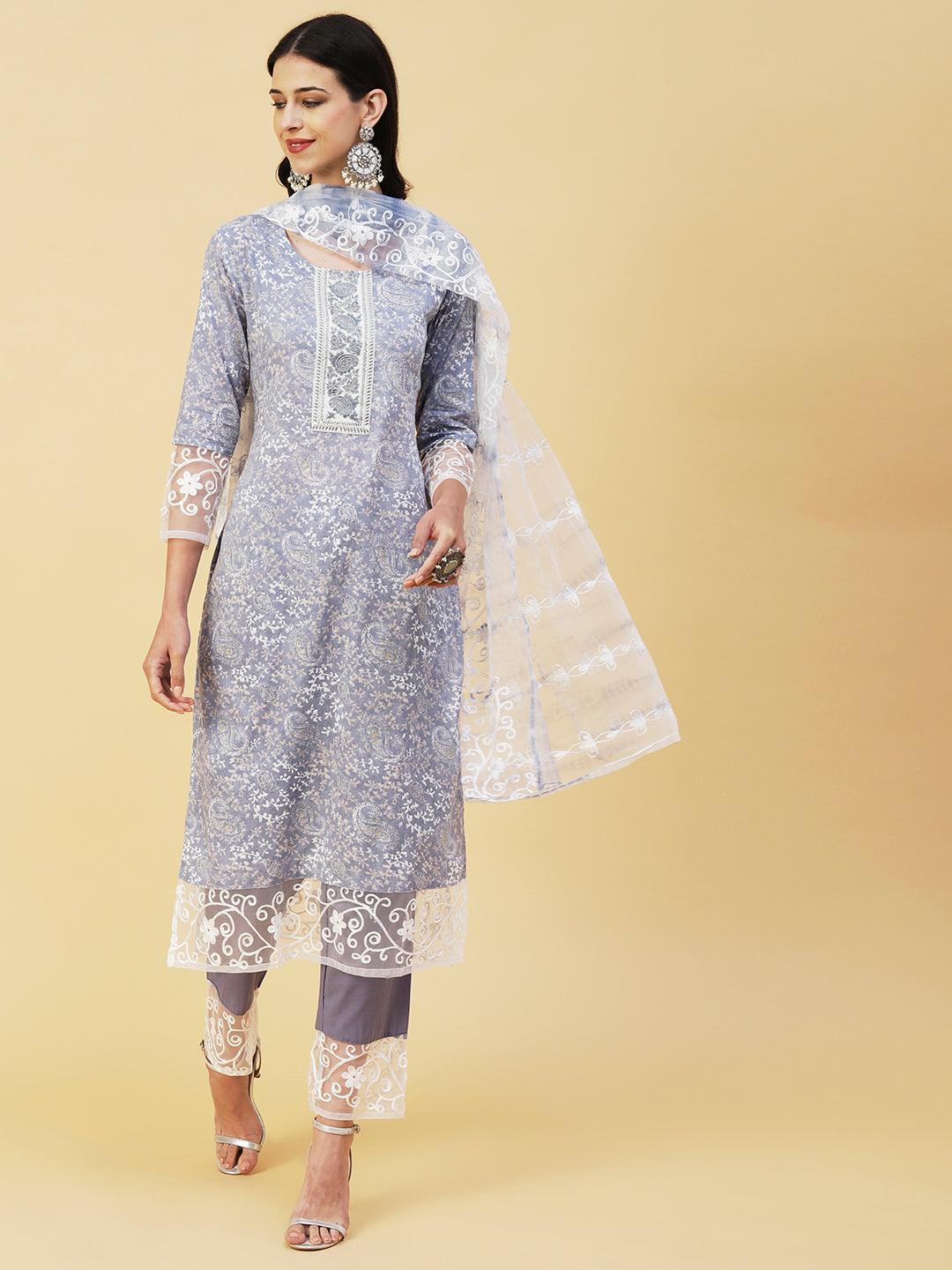 Ethnic Paisley Printed Straight Kurta with Pant & Embroidered Dupatta - Powder Blue - Indiakreations