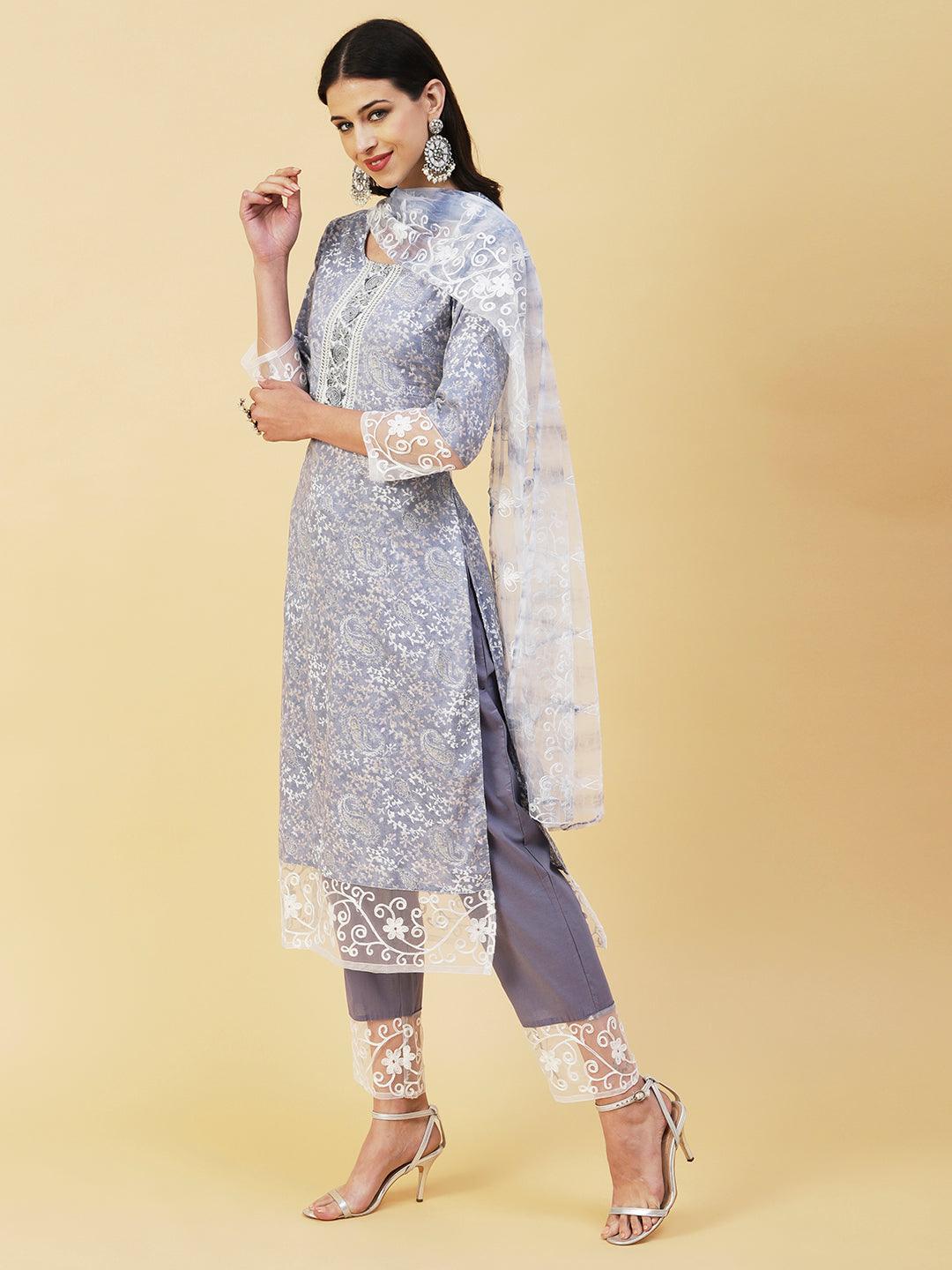 Ethnic Paisley Printed Straight Kurta with Pant & Embroidered Dupatta - Powder Blue - Indiakreations