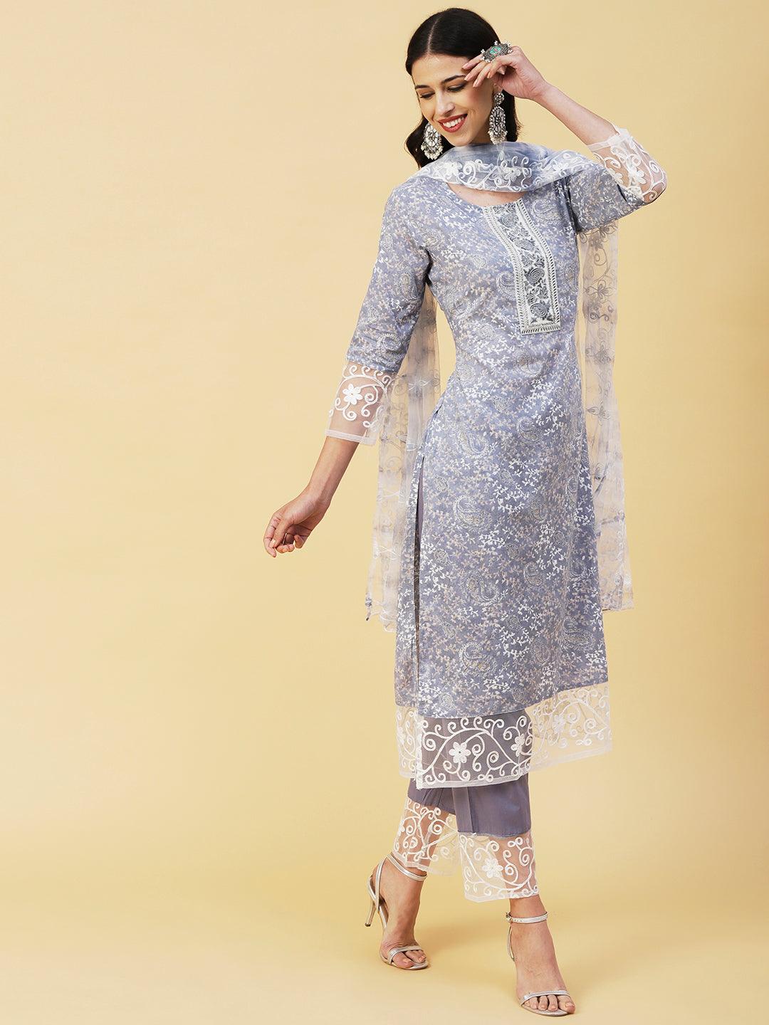 Ethnic Paisley Printed Straight Kurta with Pant & Embroidered Dupatta - Powder Blue - Indiakreations