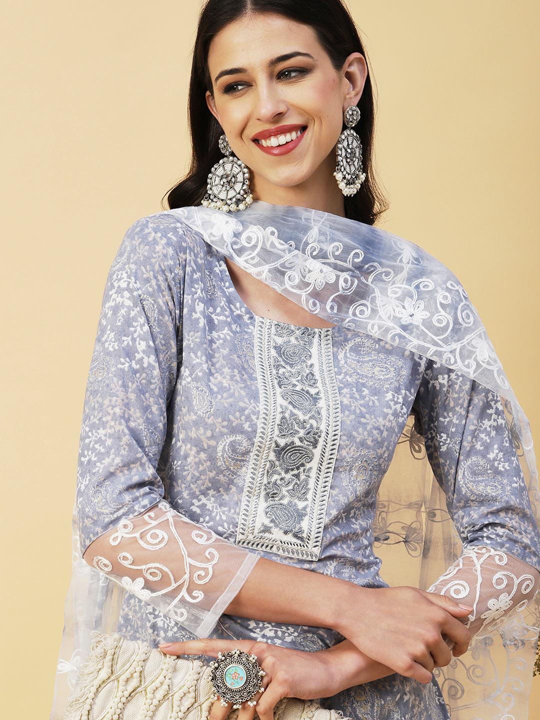 Ethnic Paisley Printed Straight Kurta with Pant & Embroidered Dupatta - Powder Blue - Indiakreations