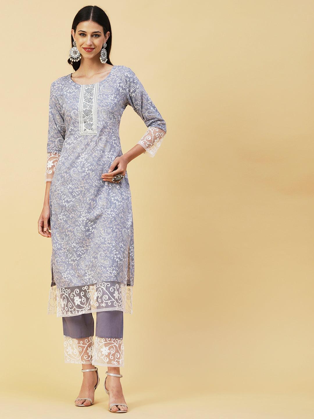 Ethnic Paisley Printed Straight Kurta with Pant & Embroidered Dupatta - Powder Blue - Indiakreations