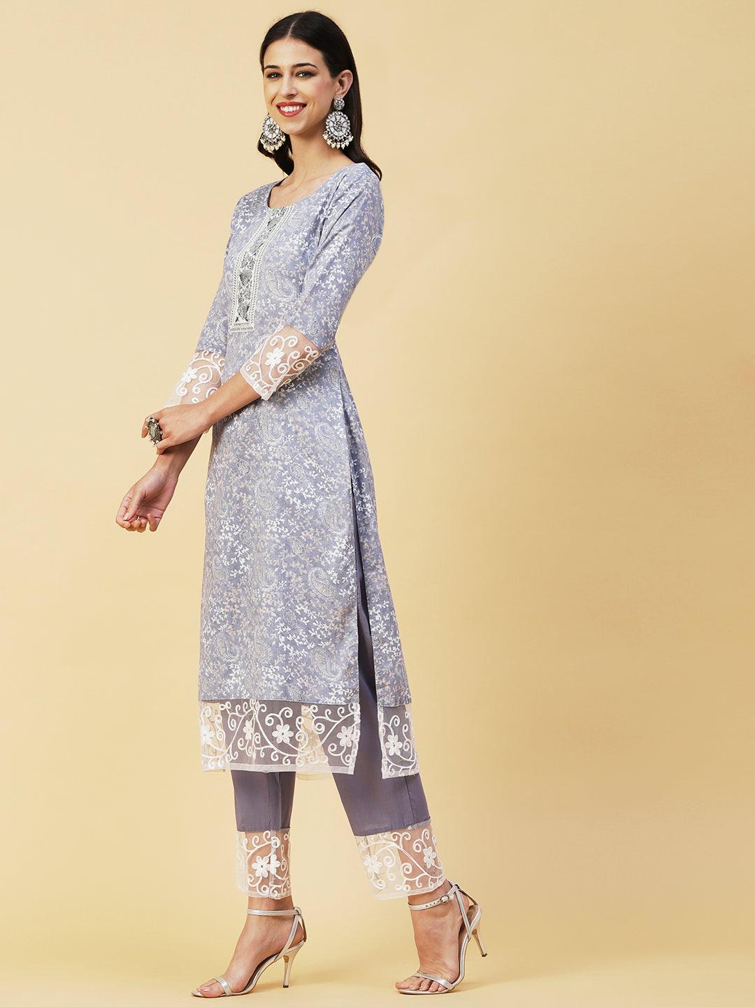 Ethnic Paisley Printed Straight Kurta with Pant & Embroidered Dupatta - Powder Blue - Indiakreations