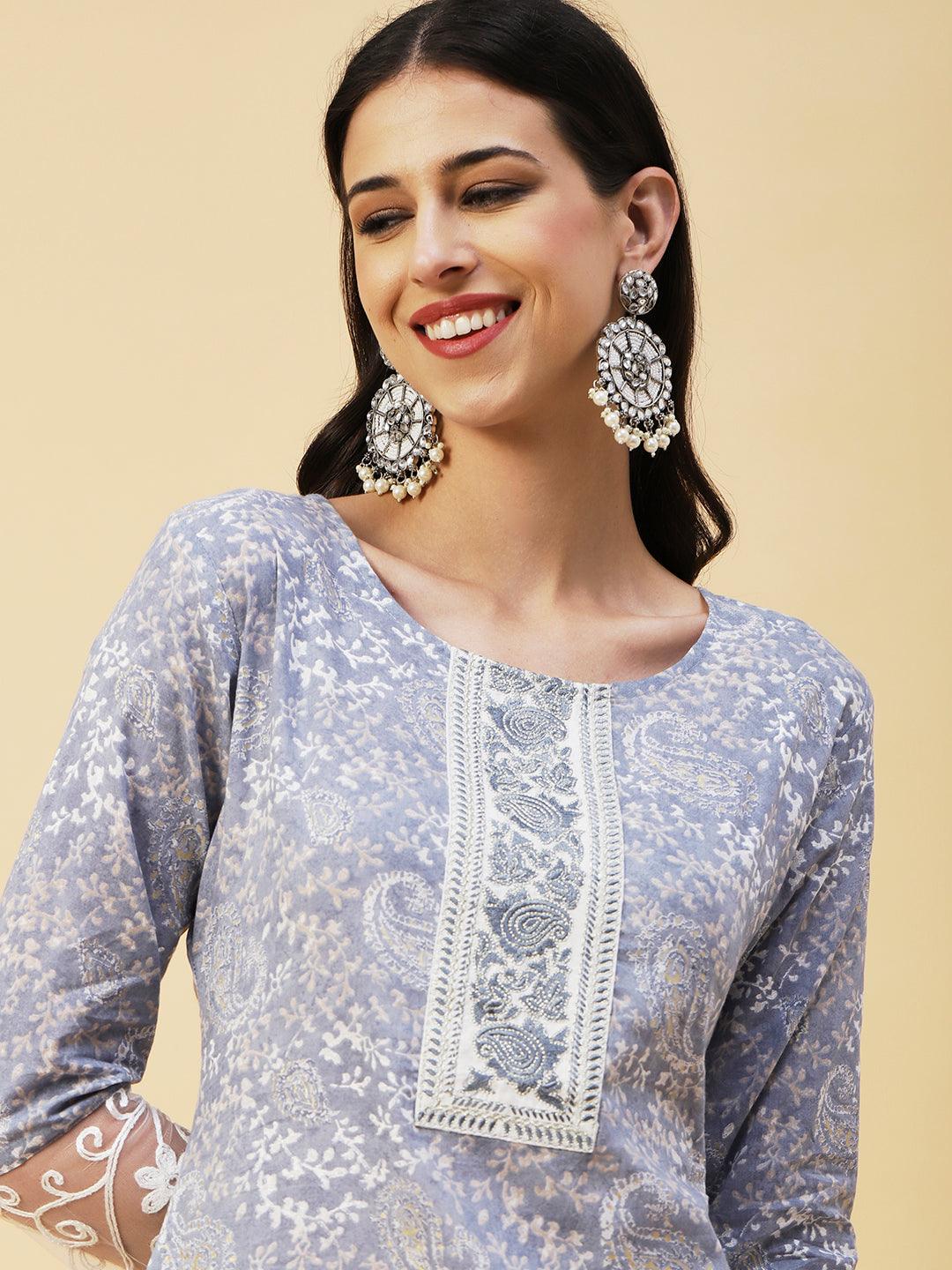 Ethnic Paisley Printed Straight Kurta with Pant & Embroidered Dupatta - Powder Blue - Indiakreations