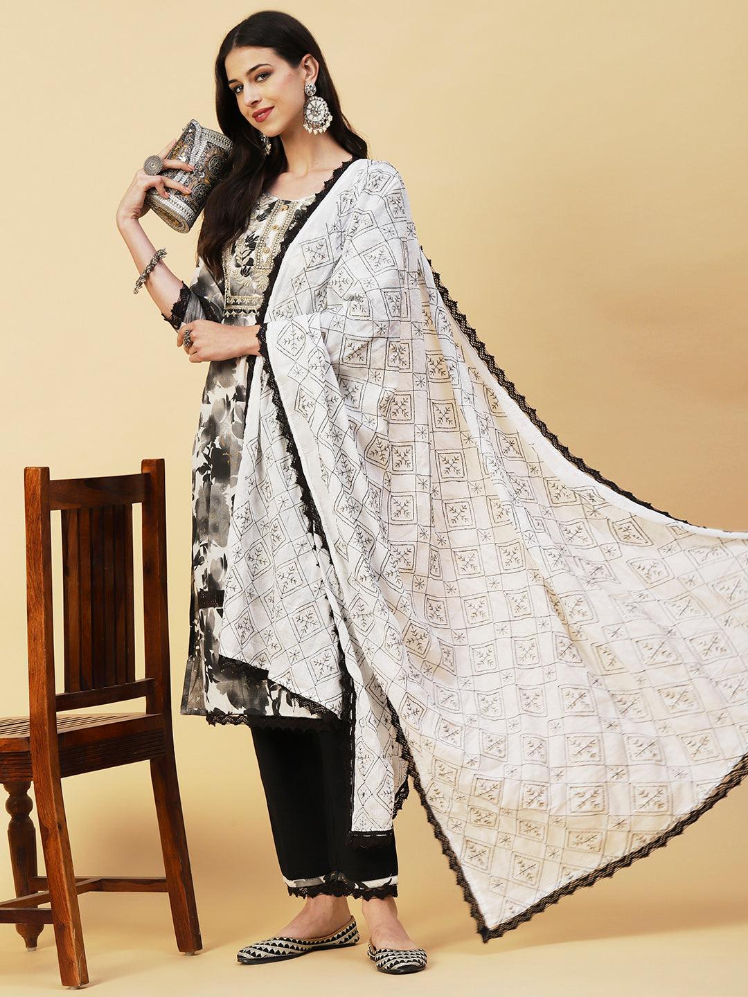 Abstract Floral Printed Straight Fit Kurta with Pant & Dupatta - Black - Indiakreations