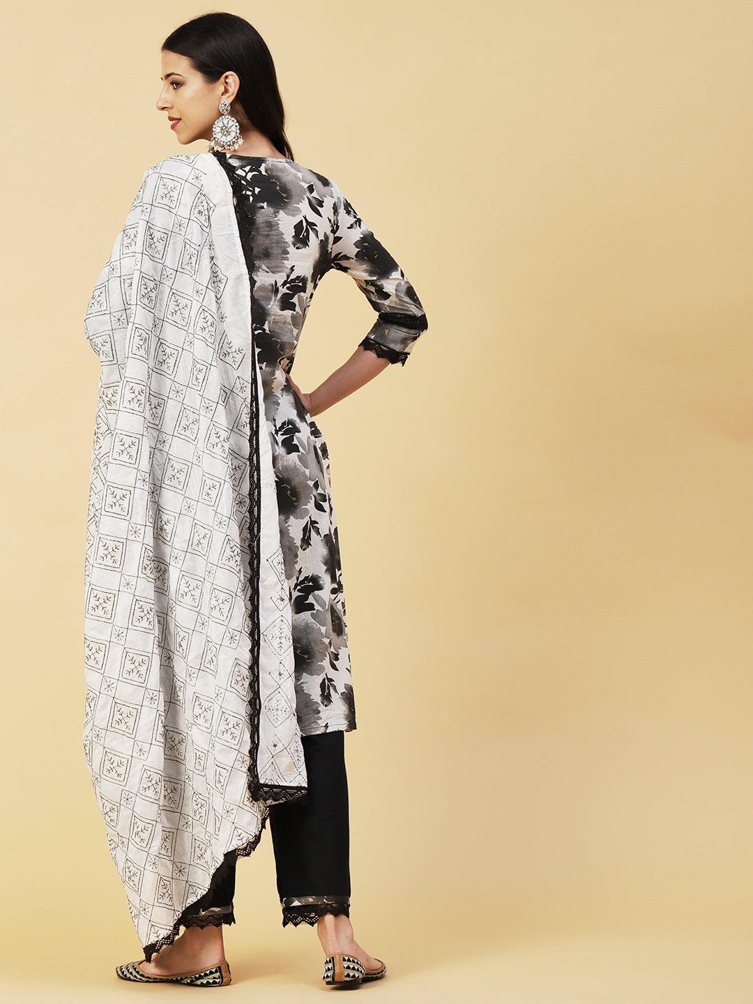 Abstract Floral Printed Straight Fit Kurta with Pant & Dupatta - Black - Indiakreations