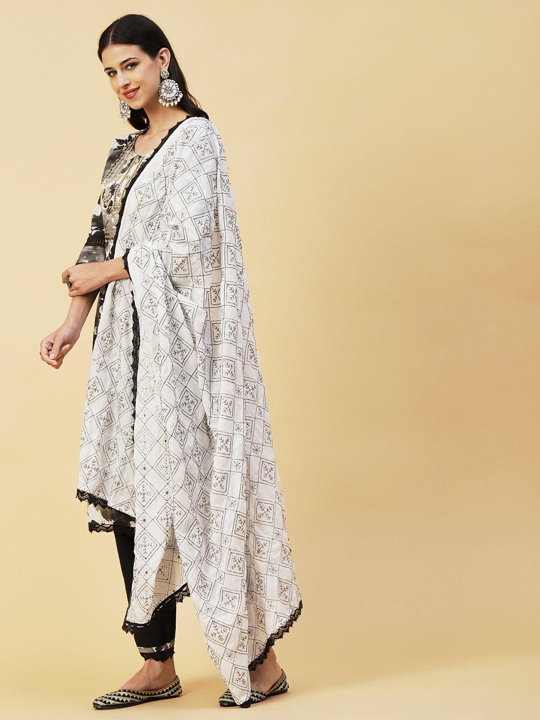 Abstract Floral Printed Straight Fit Kurta with Pant & Dupatta - Black - Indiakreations