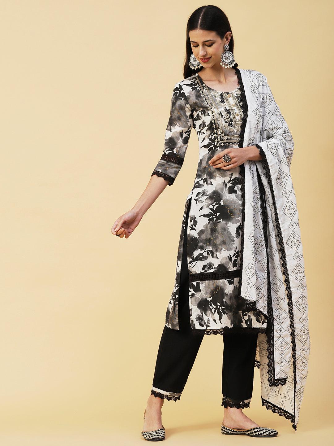 Abstract Floral Printed Straight Fit Kurta with Pant & Dupatta - Black - Indiakreations