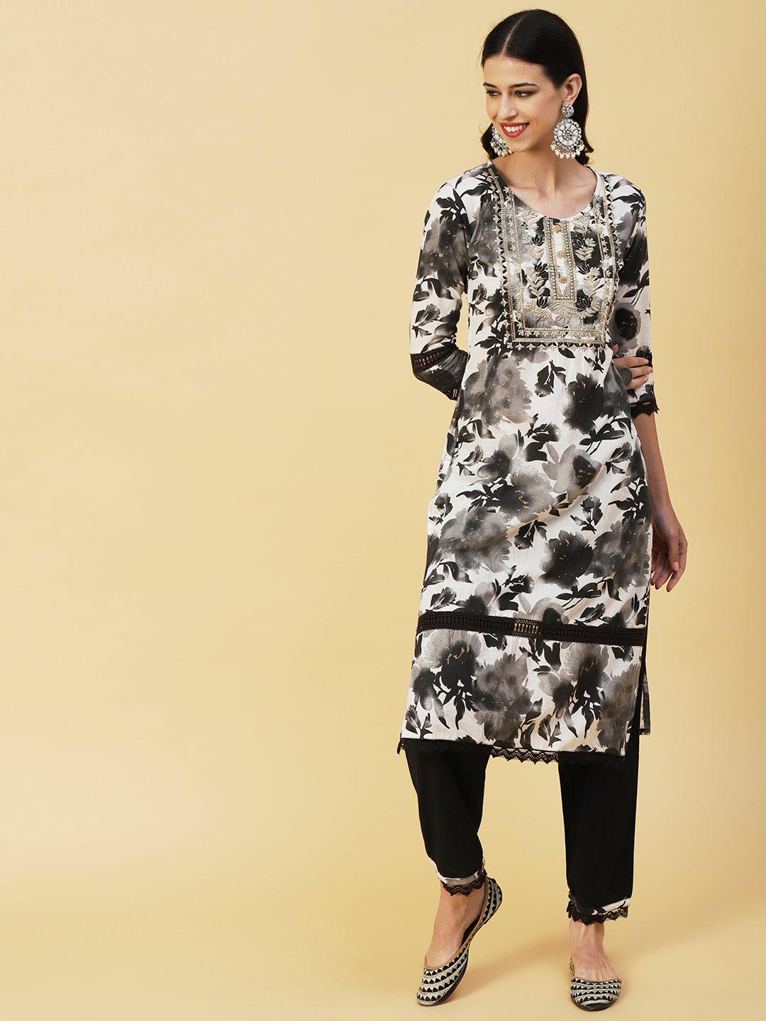 Abstract Floral Printed Straight Fit Kurta with Pant & Dupatta - Black - Indiakreations