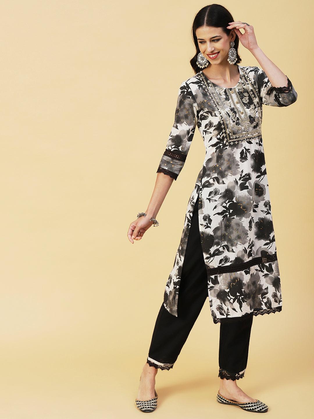 Abstract Floral Printed Straight Fit Kurta with Pant & Dupatta - Black - Indiakreations