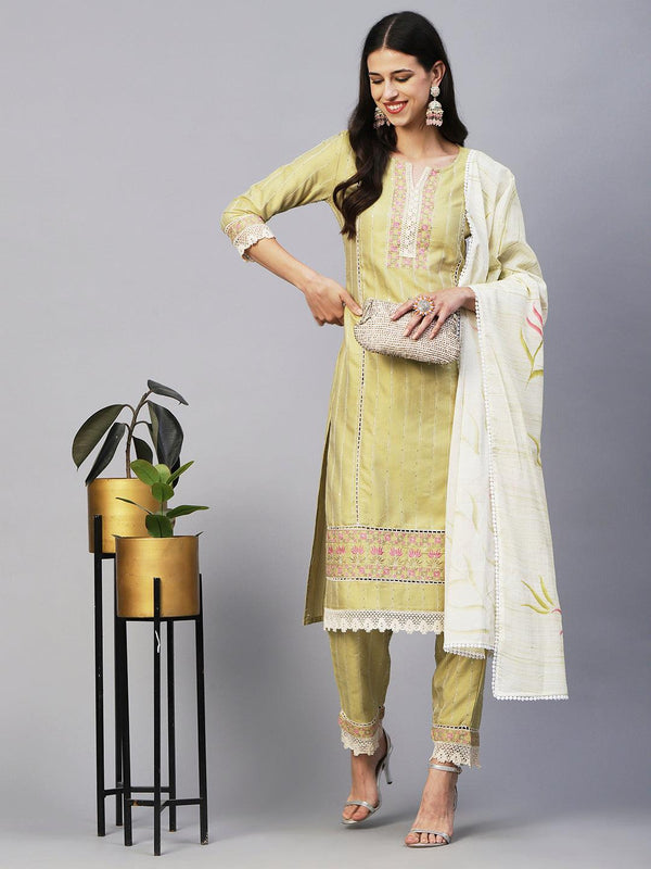 Woven Stripes & Floral Embroidered Kurta with Pant & Floral Painted Dupatta - Green - Indiakreations