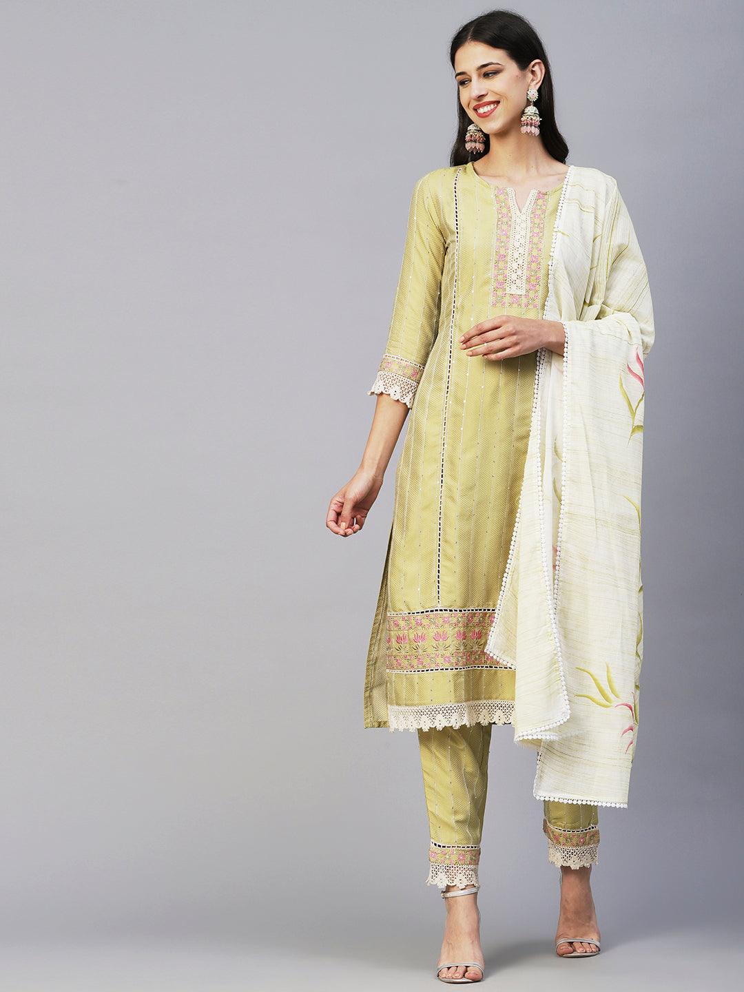 Woven Stripes & Floral Embroidered Kurta with Pant & Floral Painted Dupatta - Green - Indiakreations