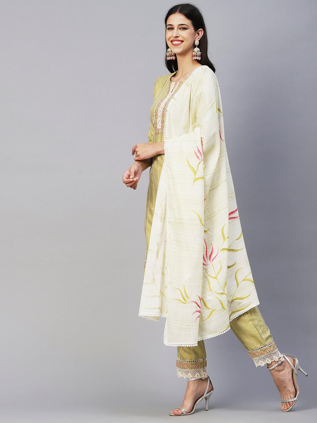 Woven Stripes & Floral Embroidered Kurta with Pant & Floral Painted Dupatta - Green - Indiakreations