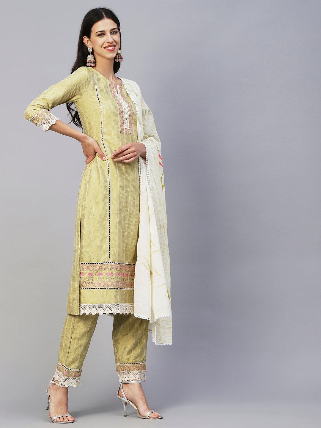 Woven Stripes & Floral Embroidered Kurta with Pant & Floral Painted Dupatta - Green - Indiakreations