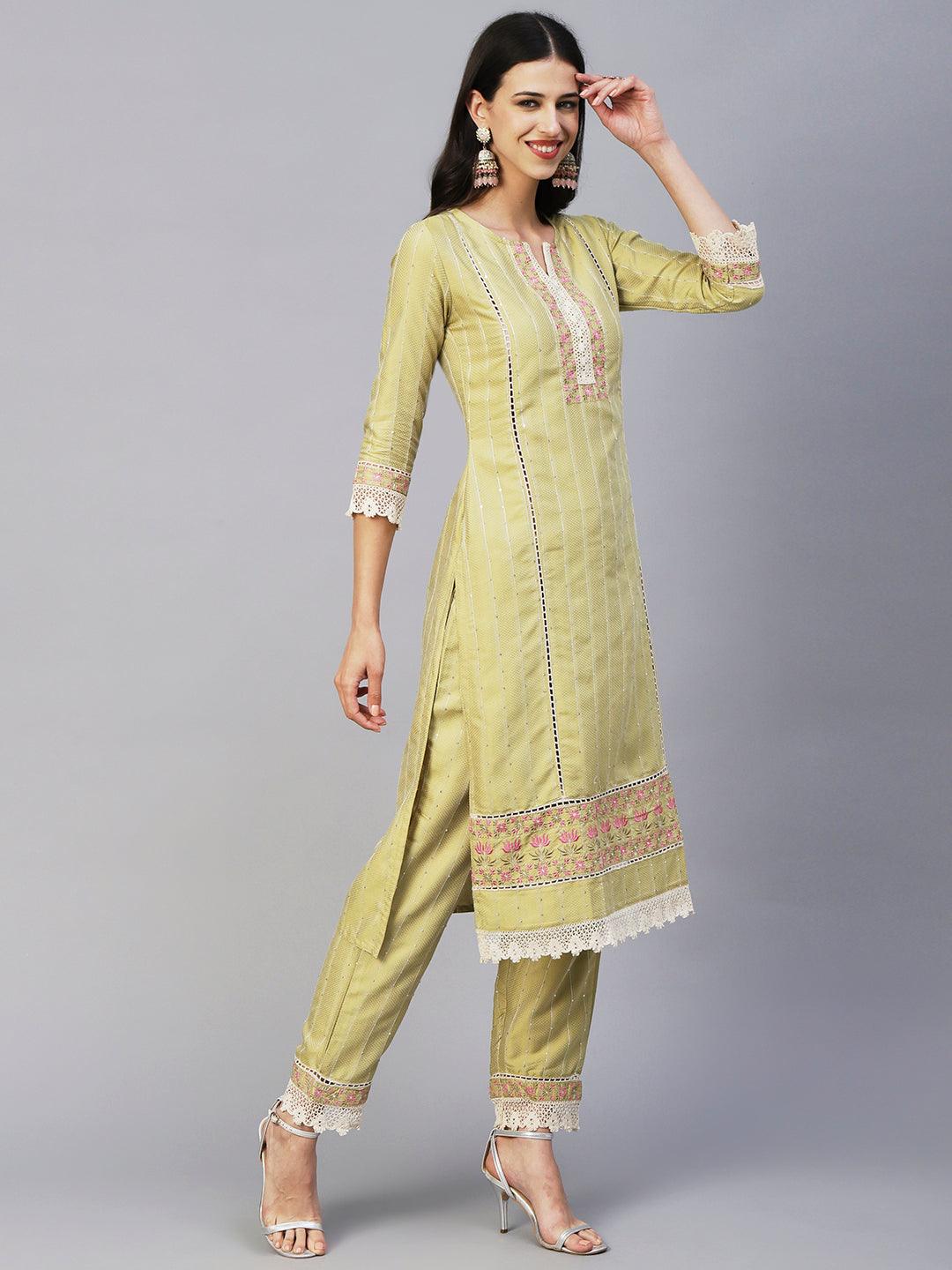 Woven Stripes & Floral Embroidered Kurta with Pant & Floral Painted Dupatta - Green - Indiakreations