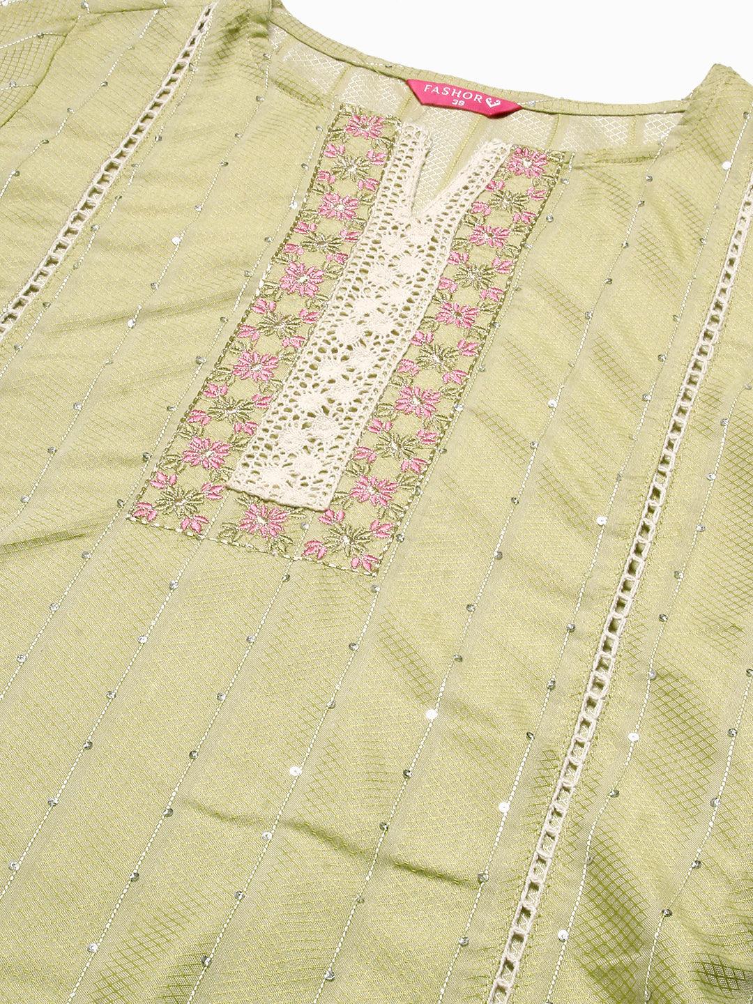 Woven Stripes & Floral Embroidered Kurta with Pant & Floral Painted Dupatta - Green - Indiakreations