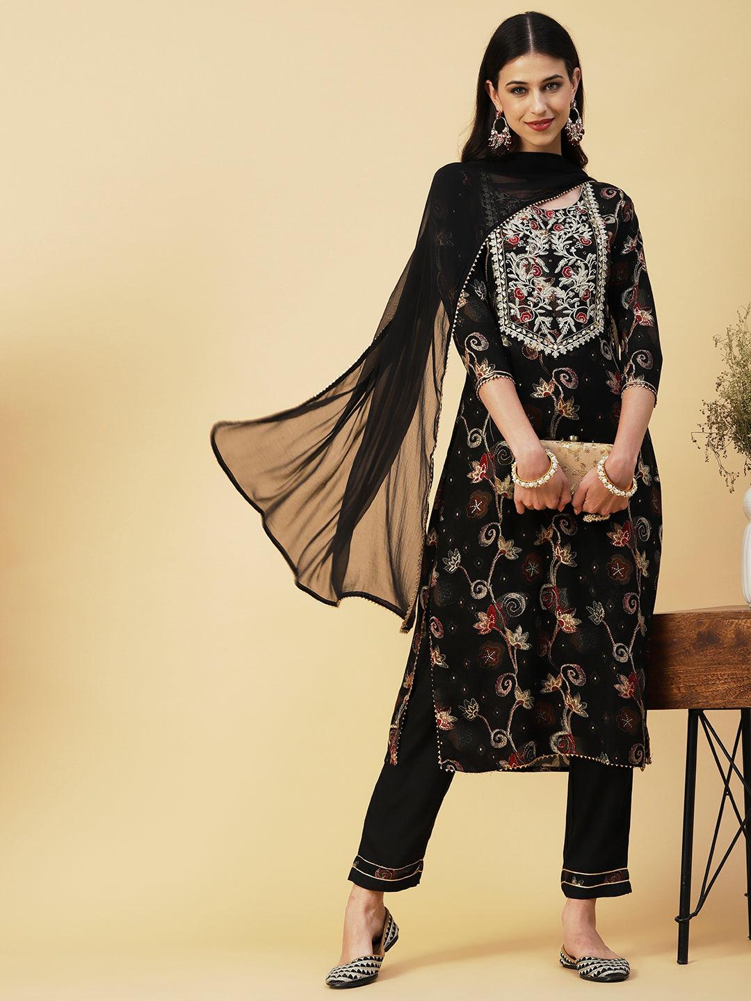 Ethnic Floral Printed & Embroidered Straight Kurta with Pant & Dupatta - Black - Indiakreations