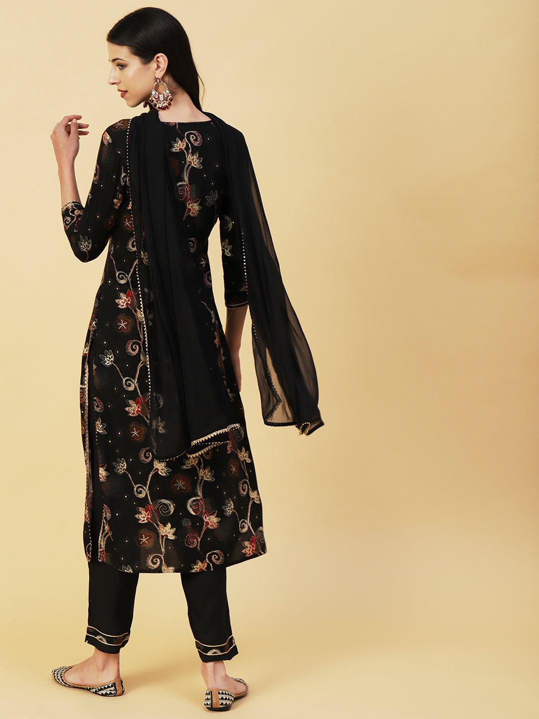 Ethnic Floral Printed & Embroidered Straight Kurta with Pant & Dupatta - Black - Indiakreations