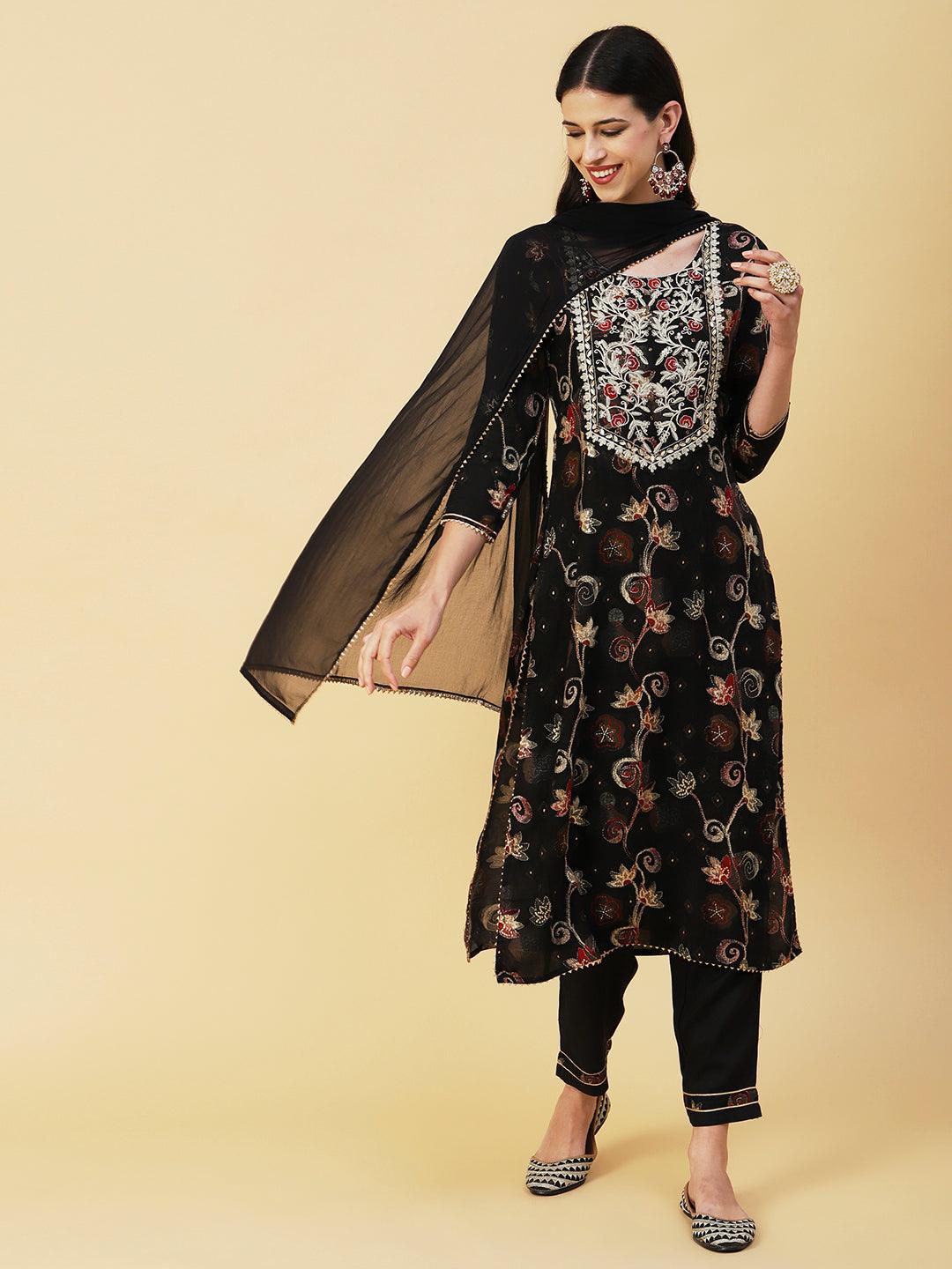 Ethnic Floral Printed & Embroidered Straight Kurta with Pant & Dupatta - Black - Indiakreations