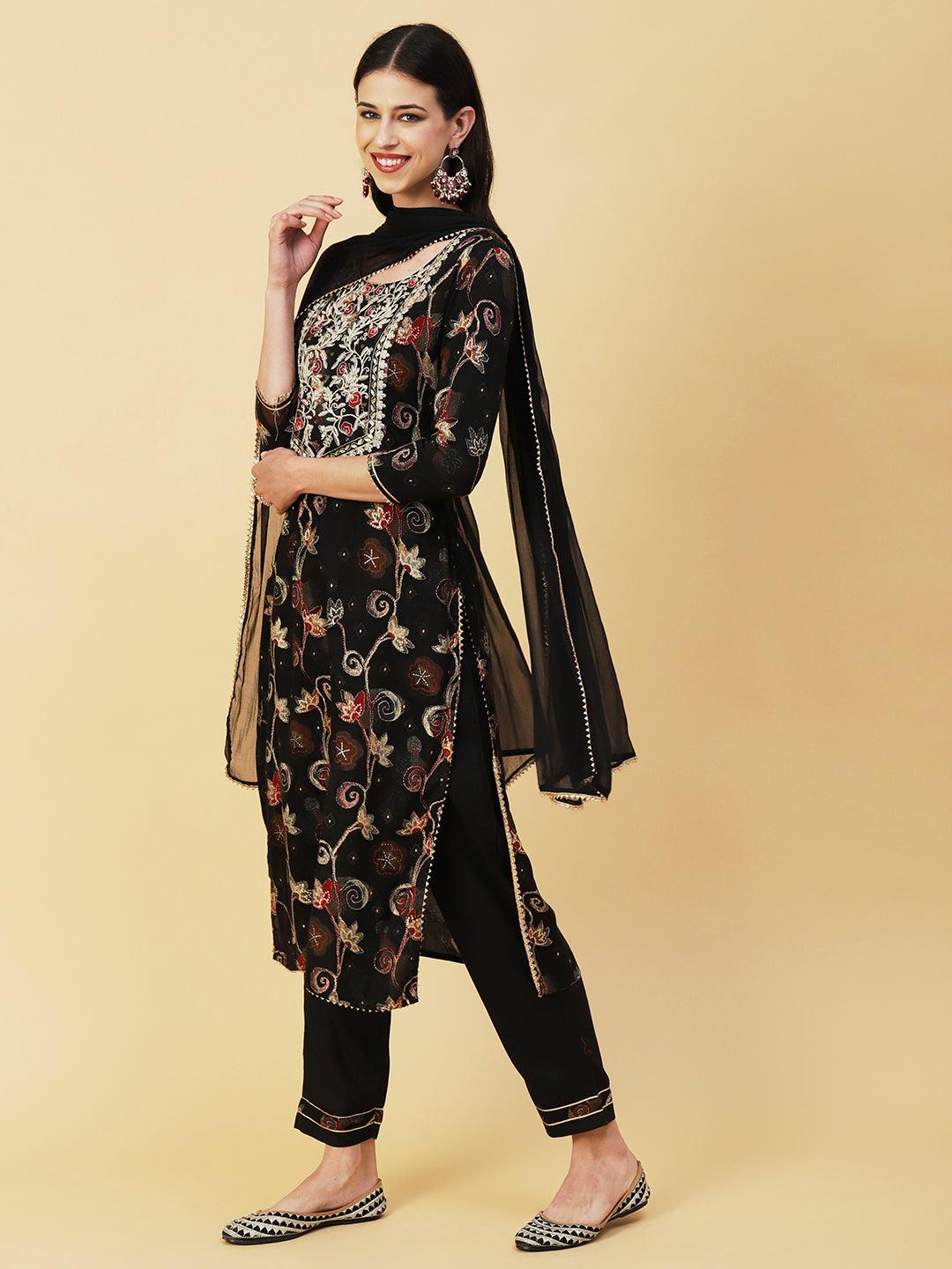 Ethnic Floral Printed & Embroidered Straight Kurta with Pant & Dupatta - Black - Indiakreations