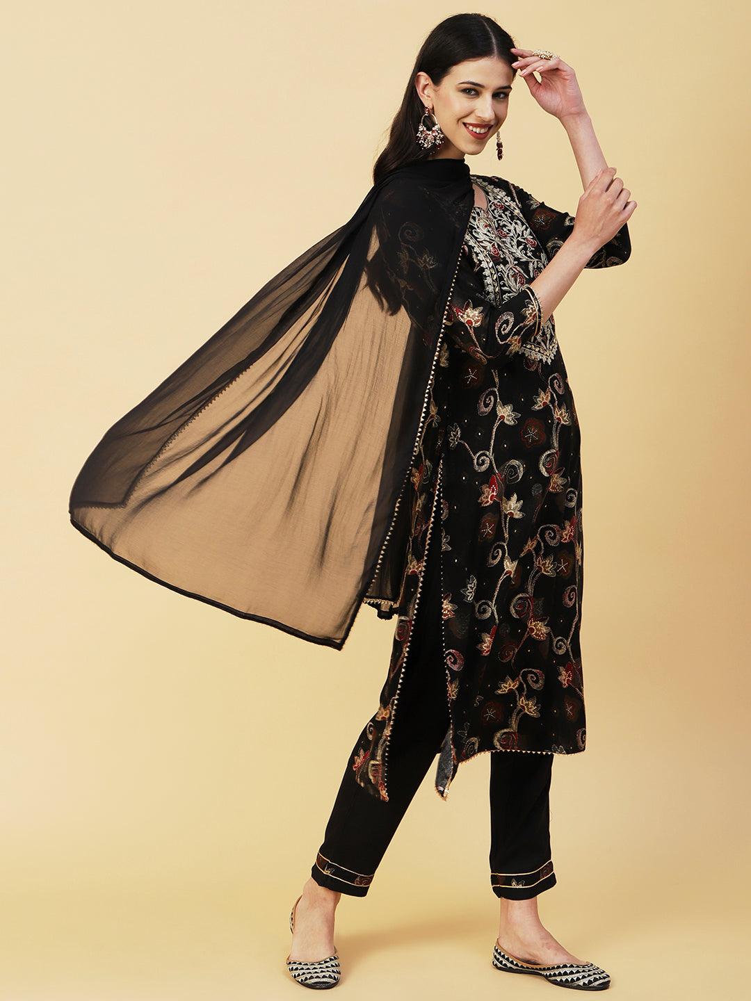 Ethnic Floral Printed & Embroidered Straight Kurta with Pant & Dupatta - Black - Indiakreations