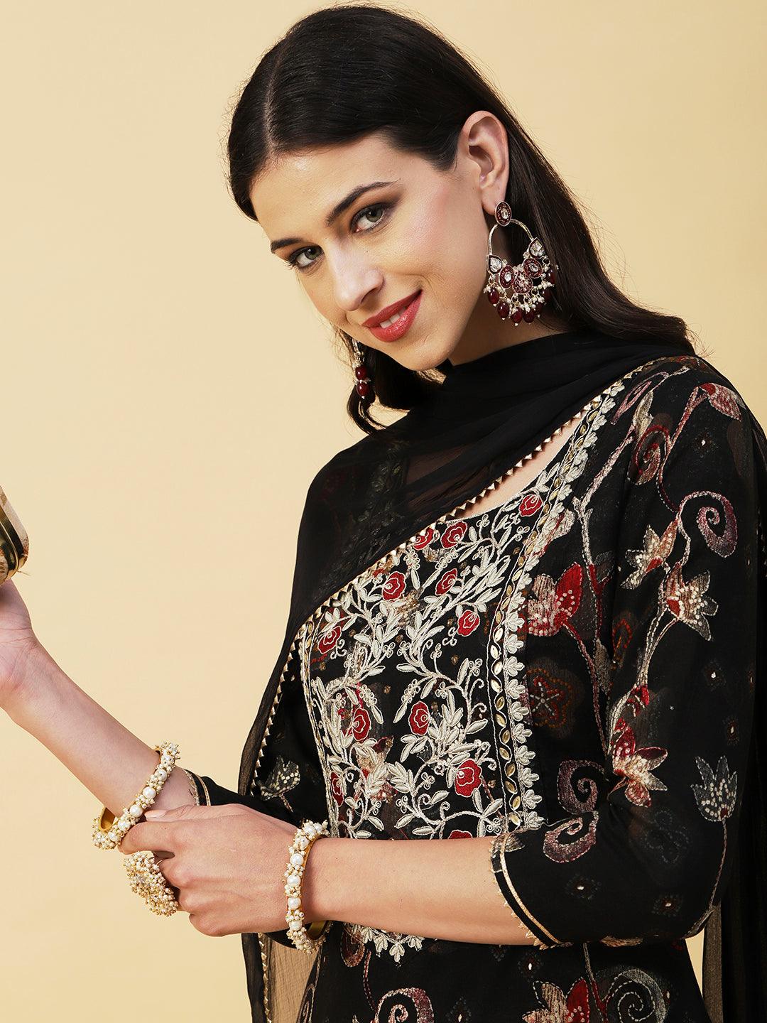 Ethnic Floral Printed & Embroidered Straight Kurta with Pant & Dupatta - Black - Indiakreations