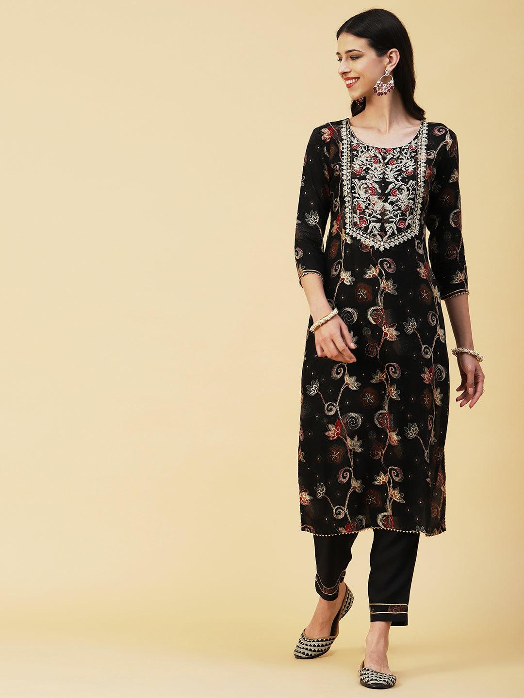 Ethnic Floral Printed & Embroidered Straight Kurta with Pant & Dupatta - Black - Indiakreations