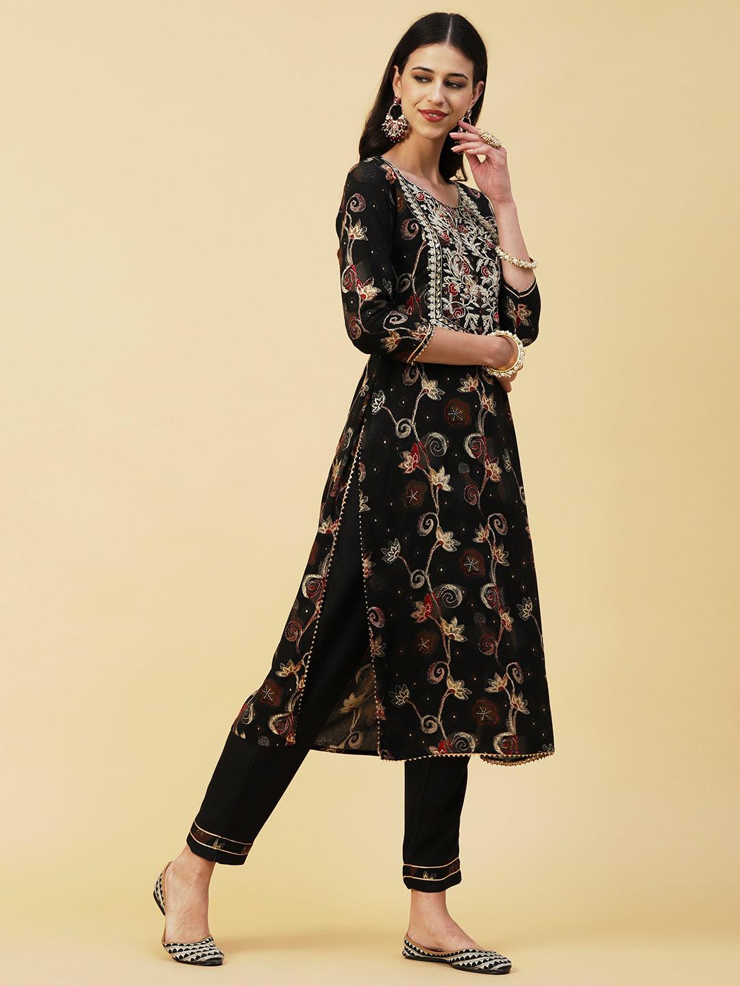 Ethnic Floral Printed & Embroidered Straight Kurta with Pant & Dupatta - Black - Indiakreations