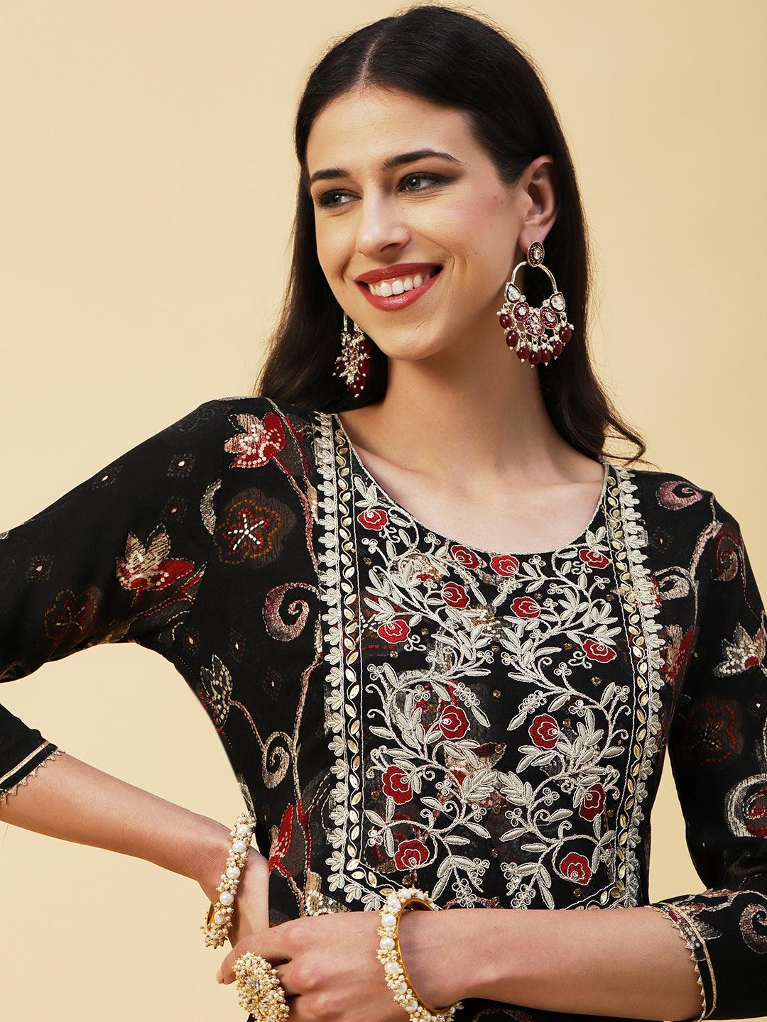 Ethnic Floral Printed & Embroidered Straight Kurta with Pant & Dupatta - Black - Indiakreations