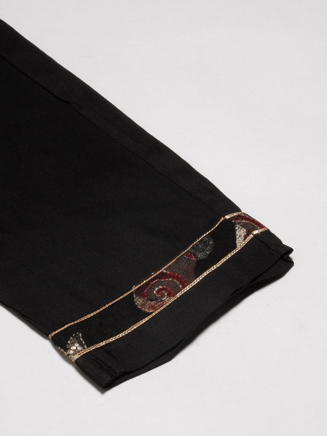 Ethnic Floral Printed & Embroidered Straight Kurta with Pant & Dupatta - Black - Indiakreations