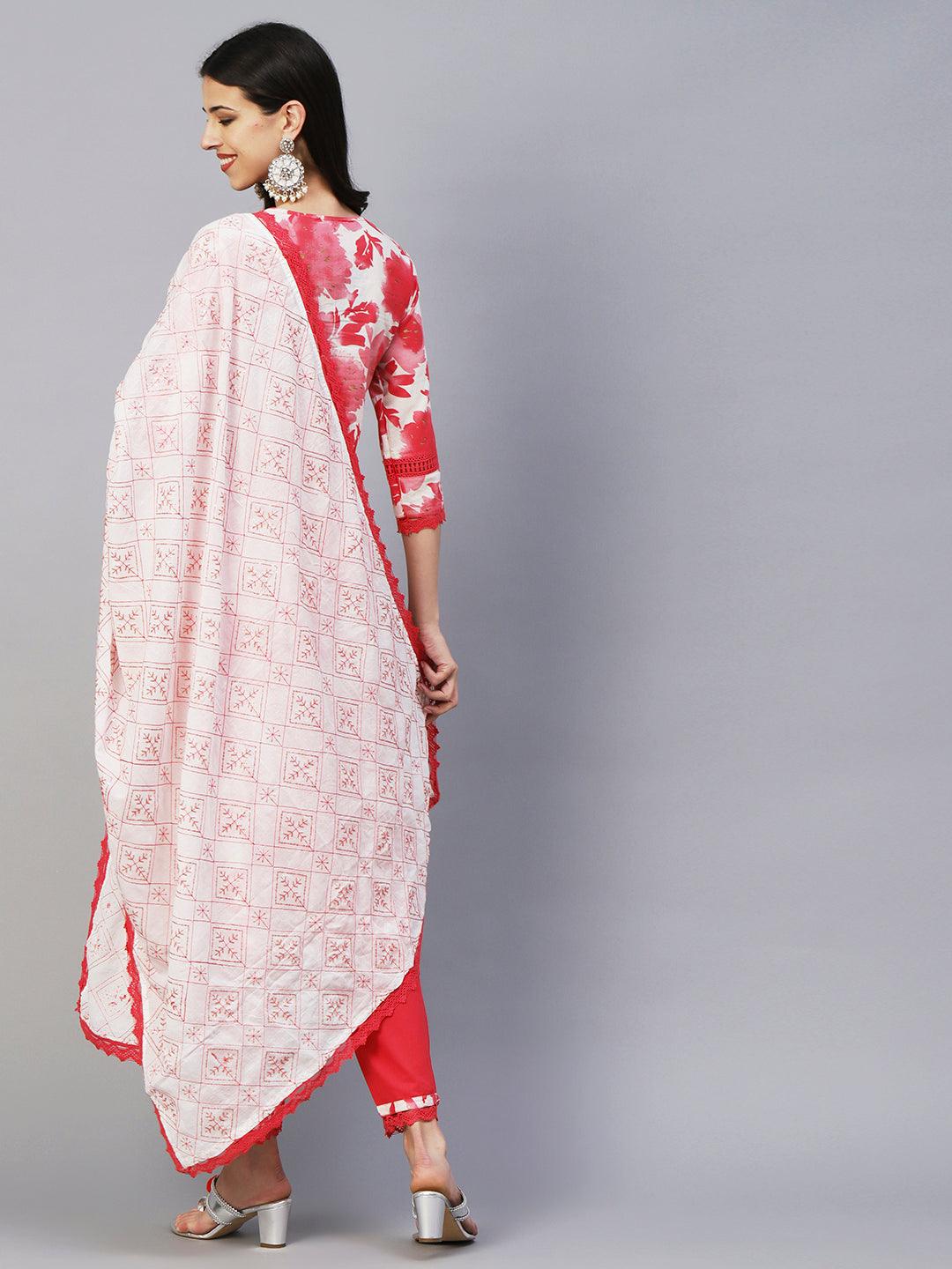 Abstract Floral Printed Straight Fit Kurta with Pant & Dupatta - Red - Indiakreations