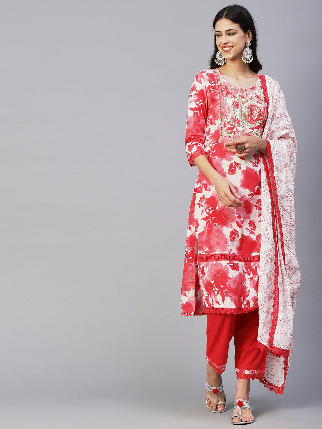 Abstract Floral Printed Straight Fit Kurta with Pant & Dupatta - Red - Indiakreations