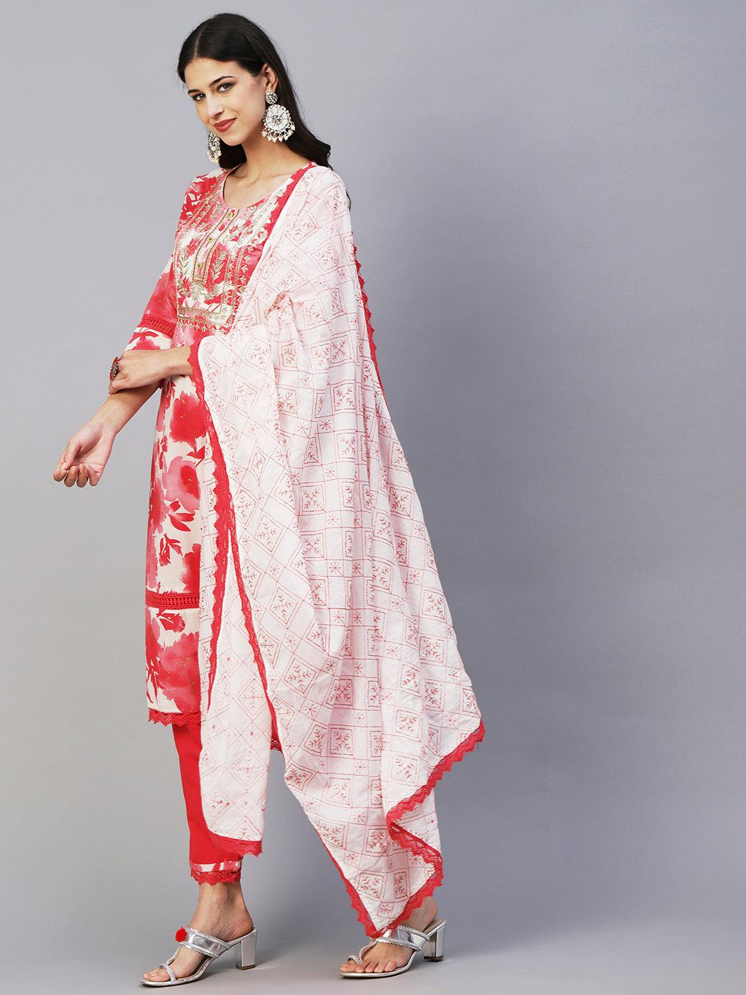 Abstract Floral Printed Straight Fit Kurta with Pant & Dupatta - Red - Indiakreations