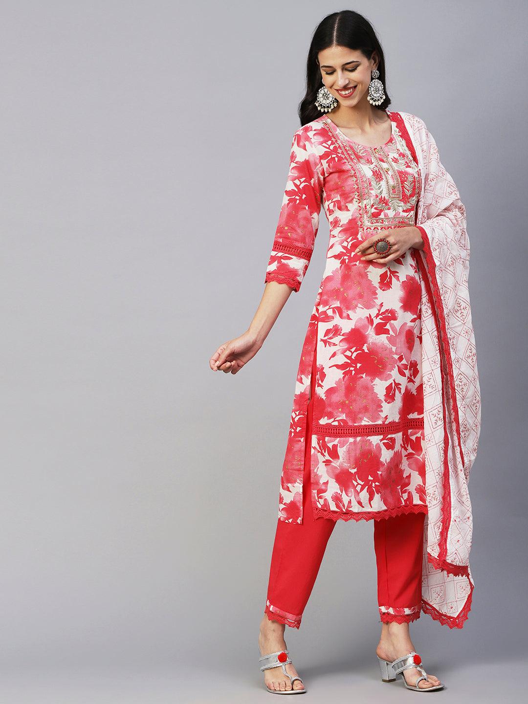 Abstract Floral Printed Straight Fit Kurta with Pant & Dupatta - Red - Indiakreations