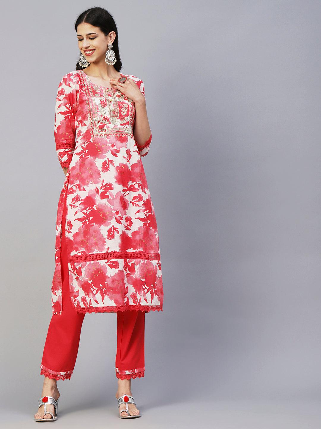 Abstract Floral Printed Straight Fit Kurta with Pant & Dupatta - Red - Indiakreations