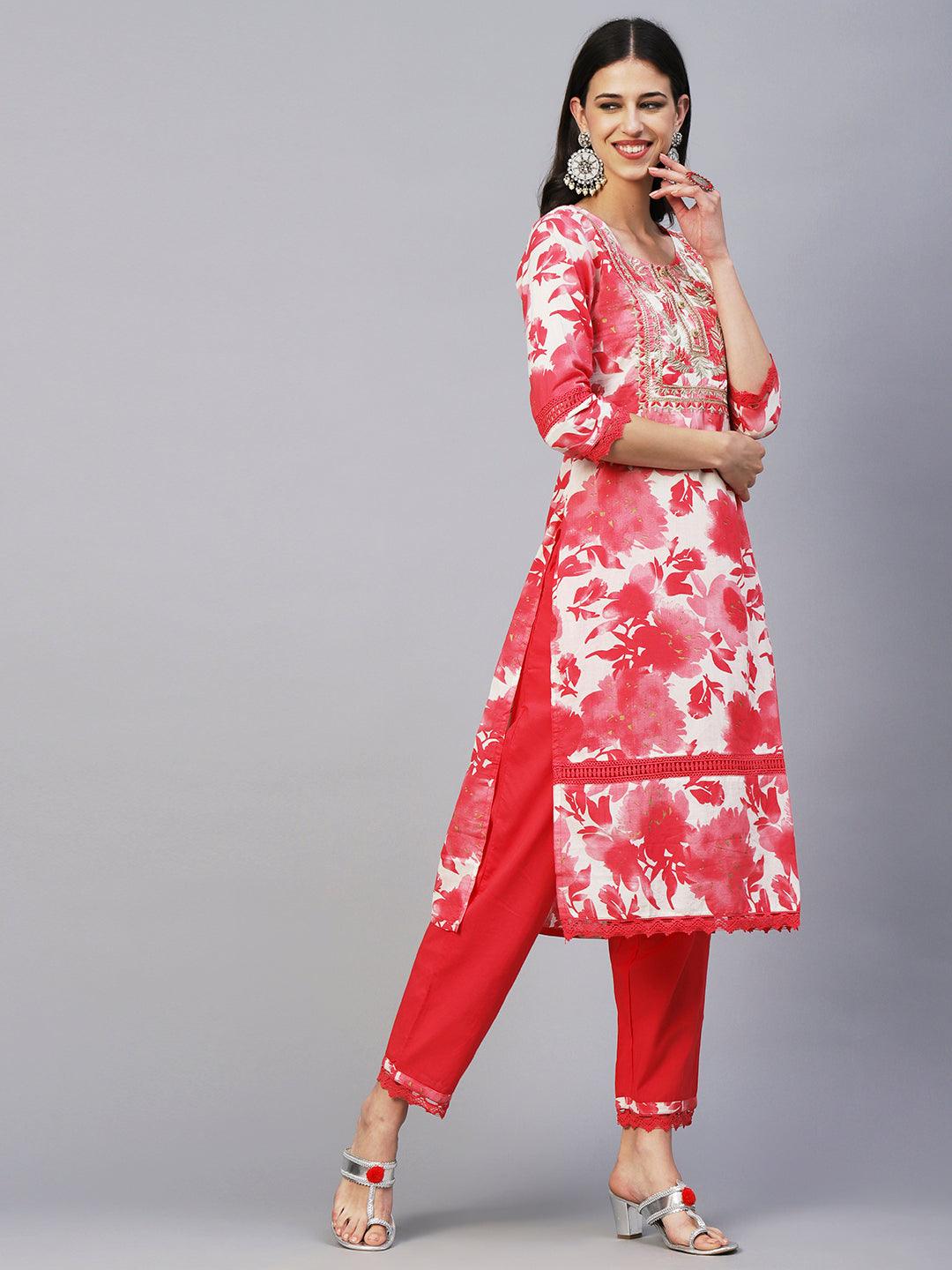 Abstract Floral Printed Straight Fit Kurta with Pant & Dupatta - Red - Indiakreations