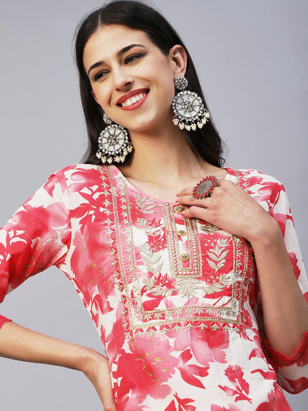 Abstract Floral Printed Straight Fit Kurta with Pant & Dupatta - Red - Indiakreations