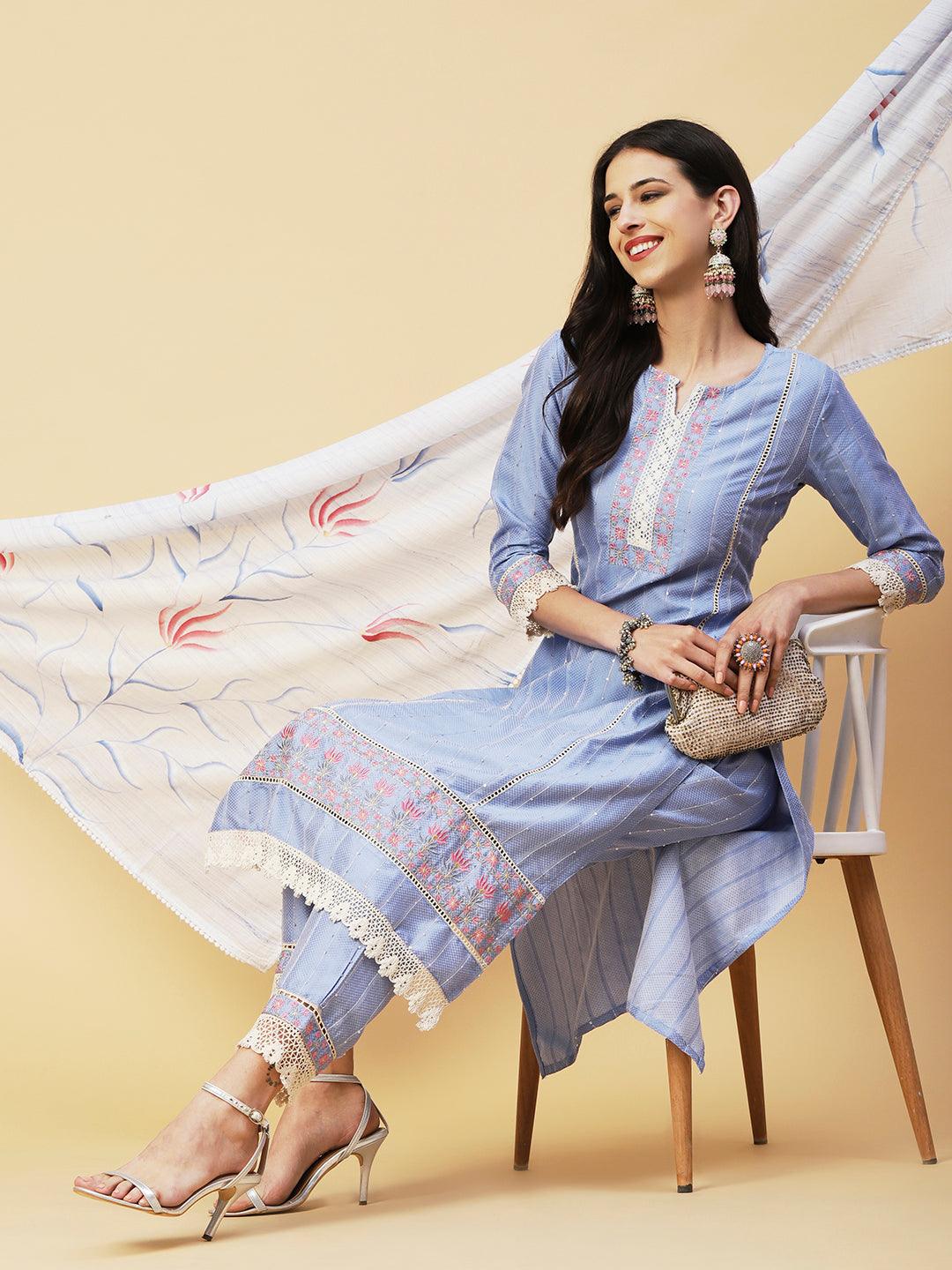 Woven Stripes & Floral Embroidered Kurta with Pant & Floral Painted Dupatta - Blue - Indiakreations