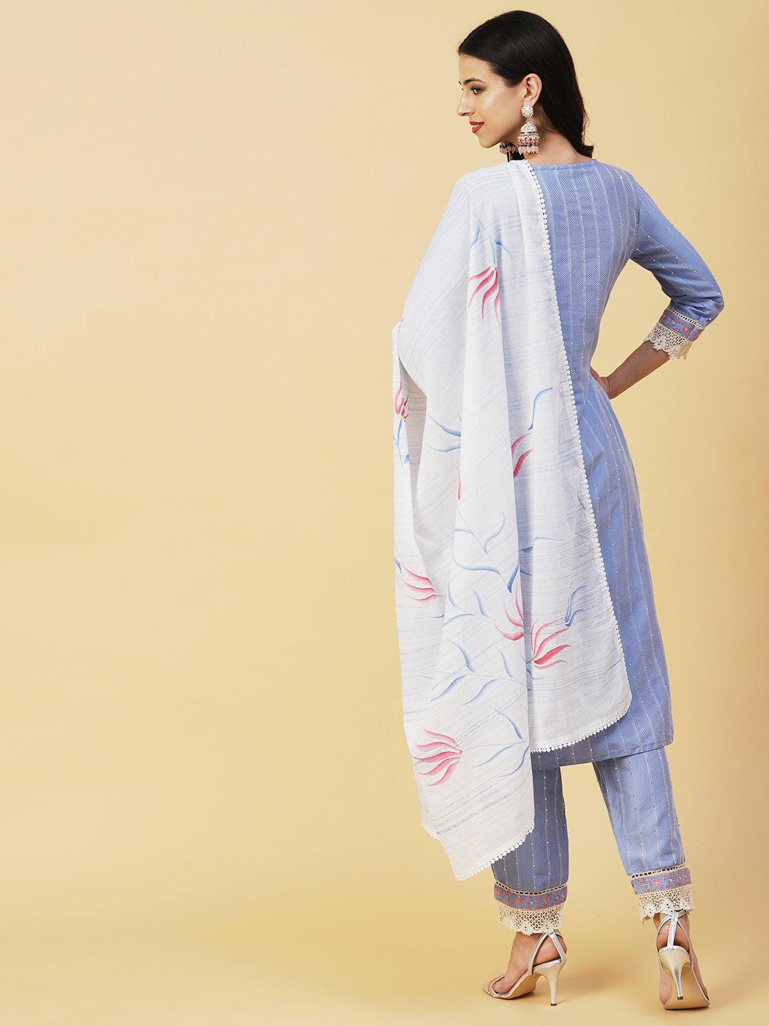 Woven Stripes & Floral Embroidered Kurta with Pant & Floral Painted Dupatta - Blue - Indiakreations