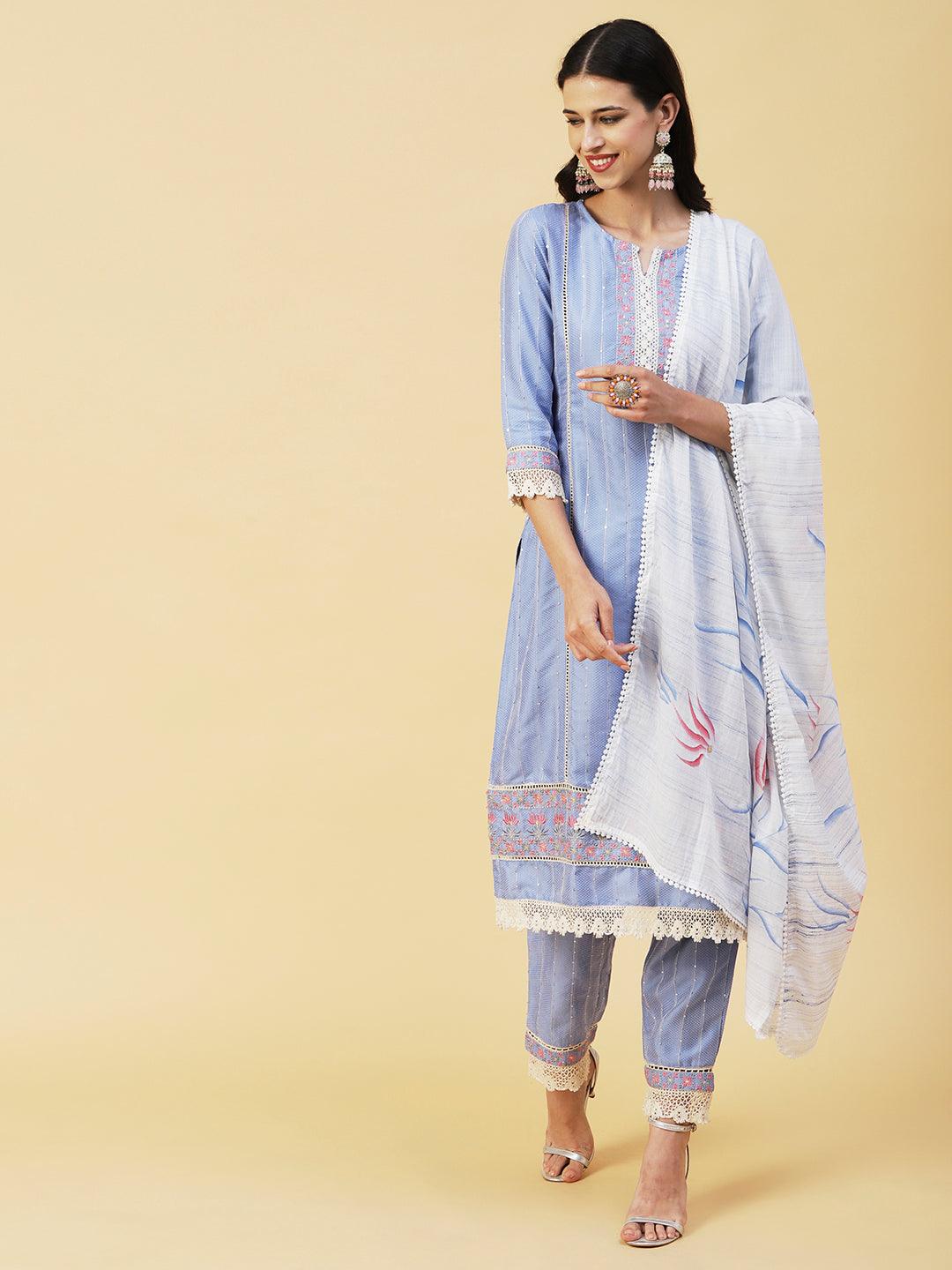 Woven Stripes & Floral Embroidered Kurta with Pant & Floral Painted Dupatta - Blue - Indiakreations