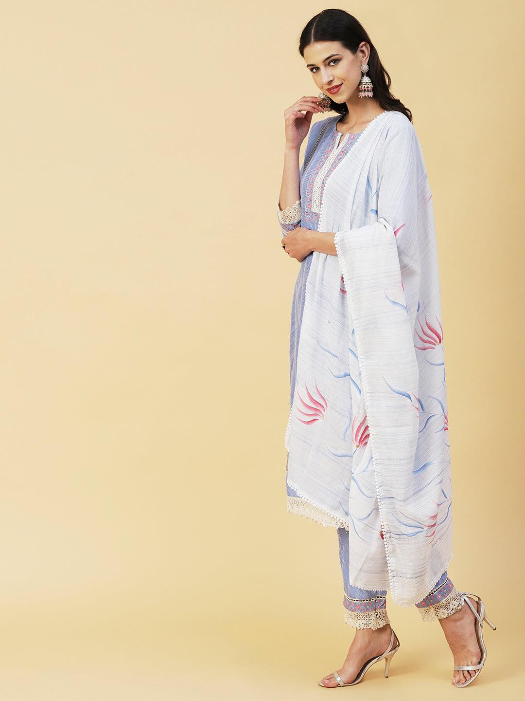 Woven Stripes & Floral Embroidered Kurta with Pant & Floral Painted Dupatta - Blue - Indiakreations