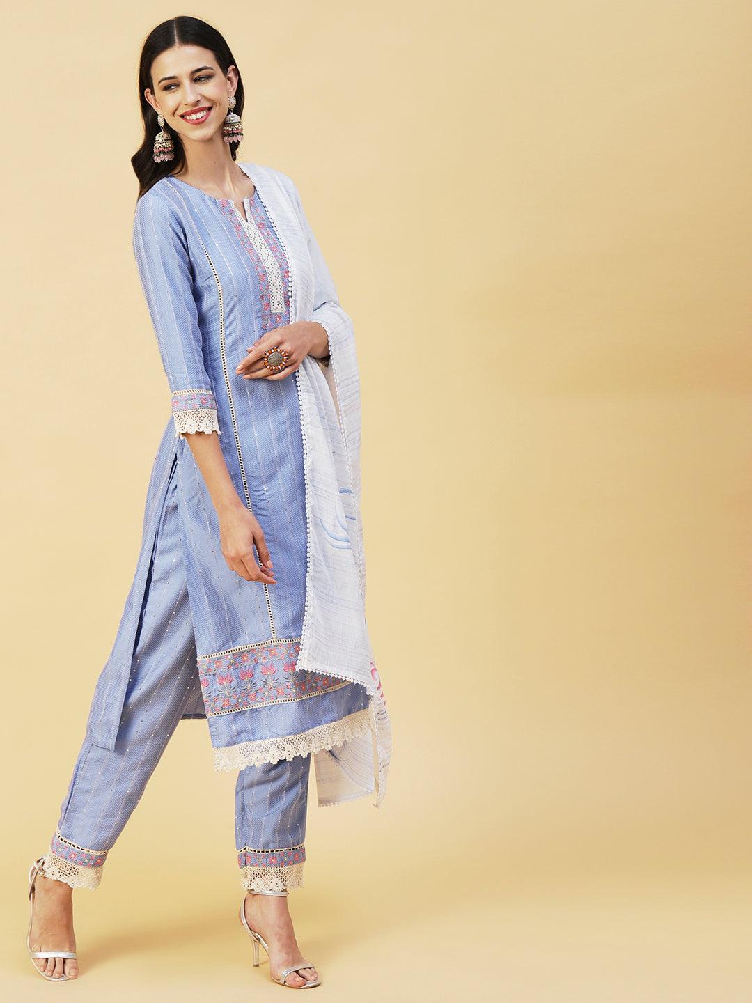 Woven Stripes & Floral Embroidered Kurta with Pant & Floral Painted Dupatta - Blue - Indiakreations