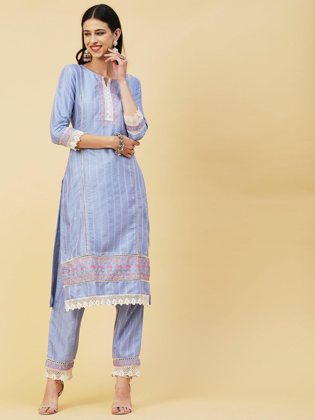 Woven Stripes & Floral Embroidered Kurta with Pant & Floral Painted Dupatta - Blue - Indiakreations