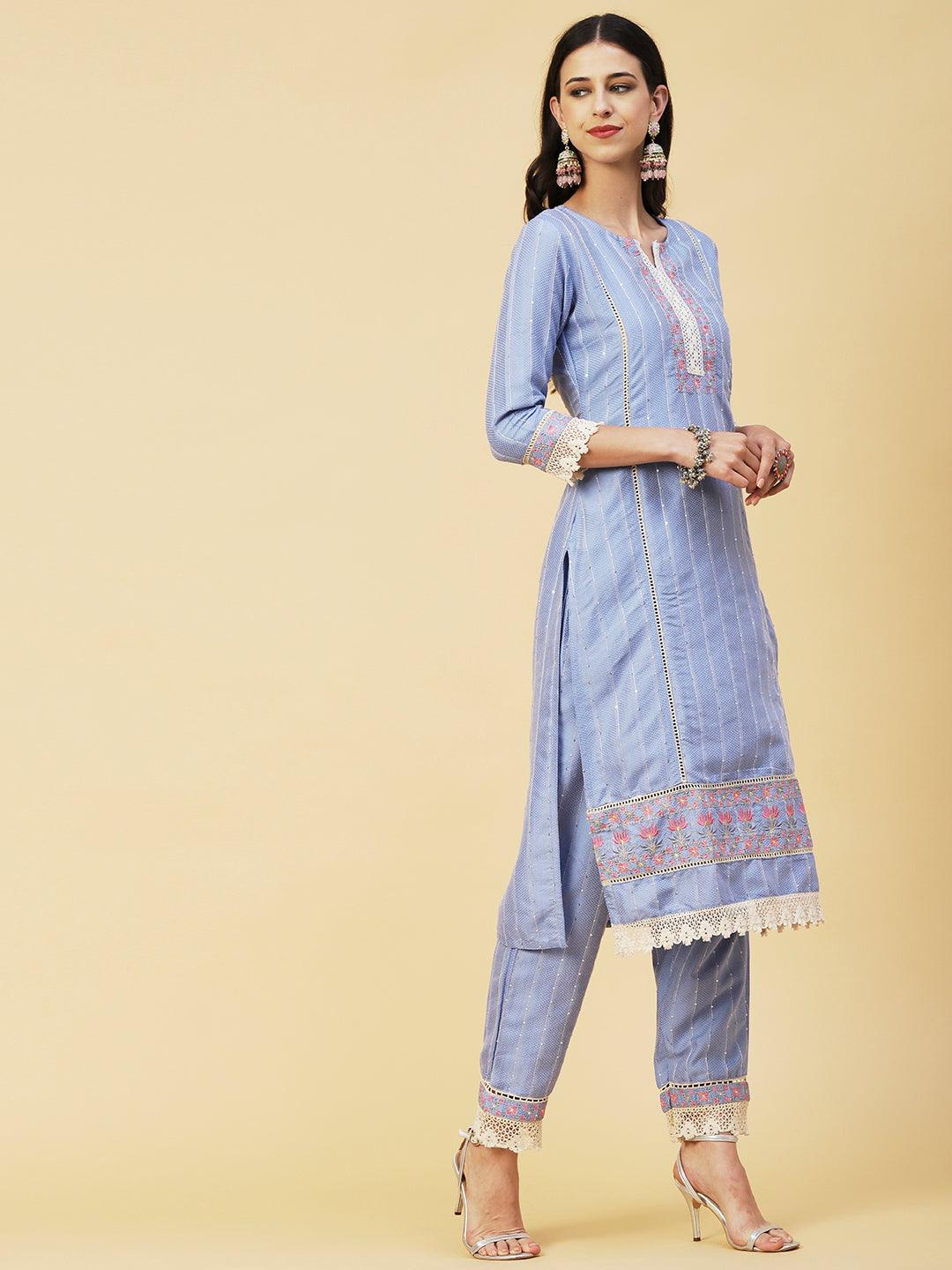 Woven Stripes & Floral Embroidered Kurta with Pant & Floral Painted Dupatta - Blue - Indiakreations