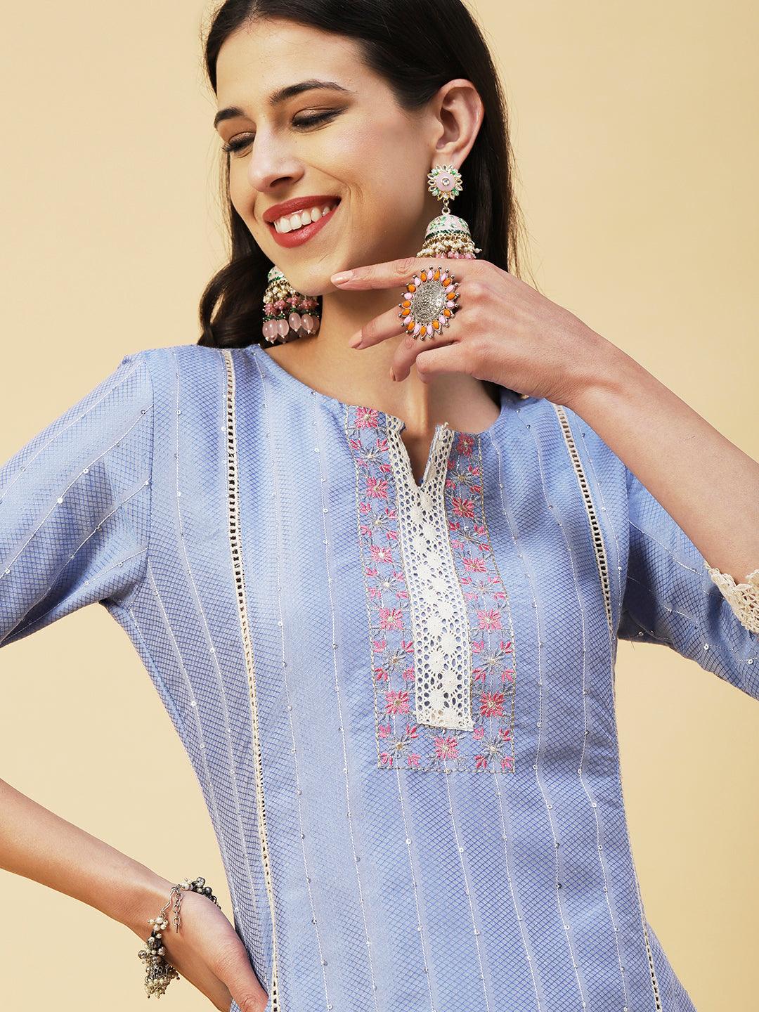 Woven Stripes & Floral Embroidered Kurta with Pant & Floral Painted Dupatta - Blue - Indiakreations