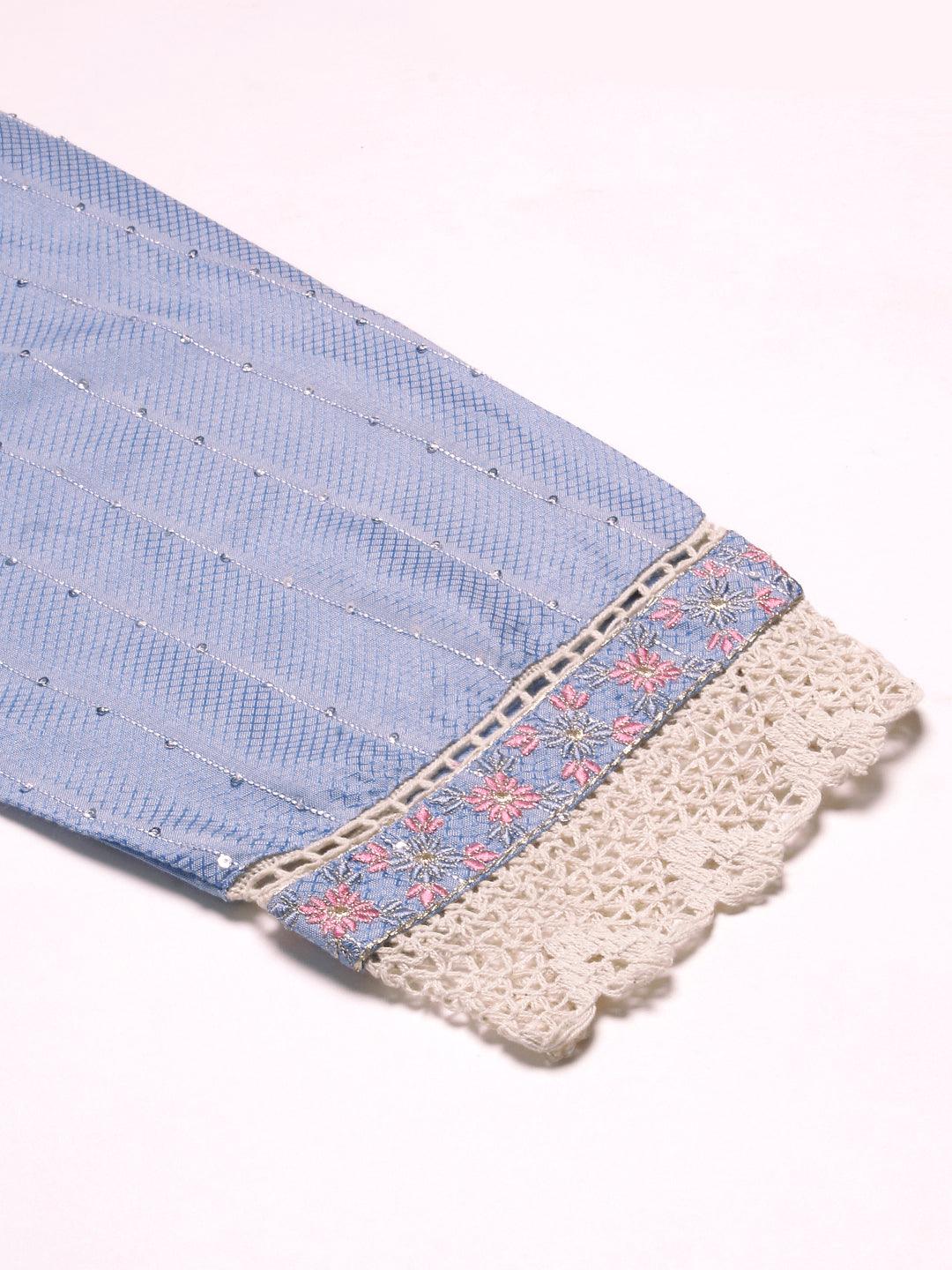 Woven Stripes & Floral Embroidered Kurta with Pant & Floral Painted Dupatta - Blue - Indiakreations