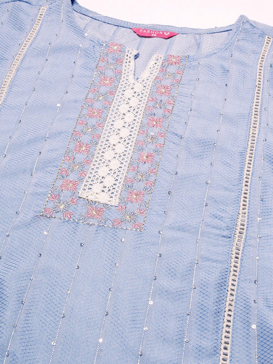 Woven Stripes & Floral Embroidered Kurta with Pant & Floral Painted Dupatta - Blue - Indiakreations