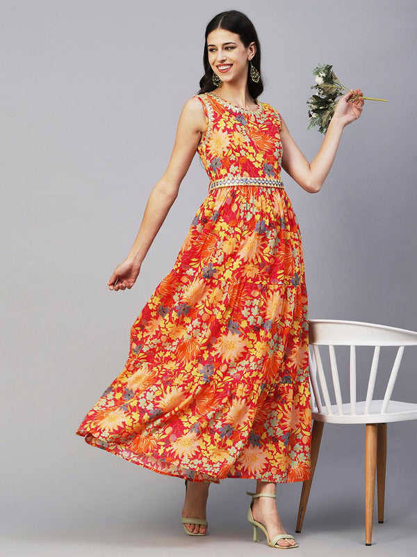 Floral Printed Mul-Cotton Mirror & Resham Embroidered Tiered Dress With Embroidered Waist Belt- Multi - Indiakreations