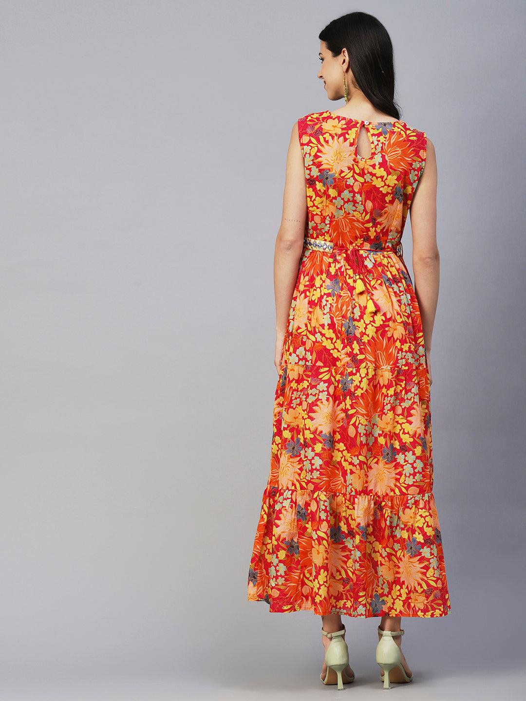 Floral Printed Mul-Cotton Mirror & Resham Embroidered Tiered Dress With Embroidered Waist Belt- Multi - Indiakreations